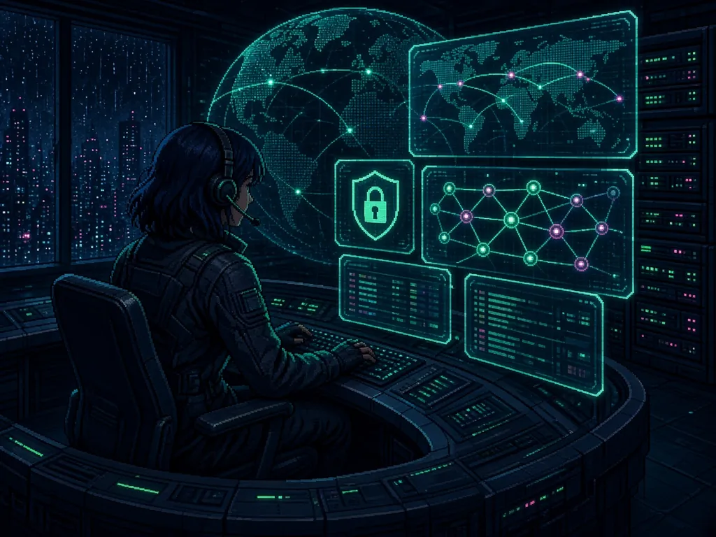 Pixel-art illustration of a security architect at a command-center console, facing holographic network, shield, and world-map displays.